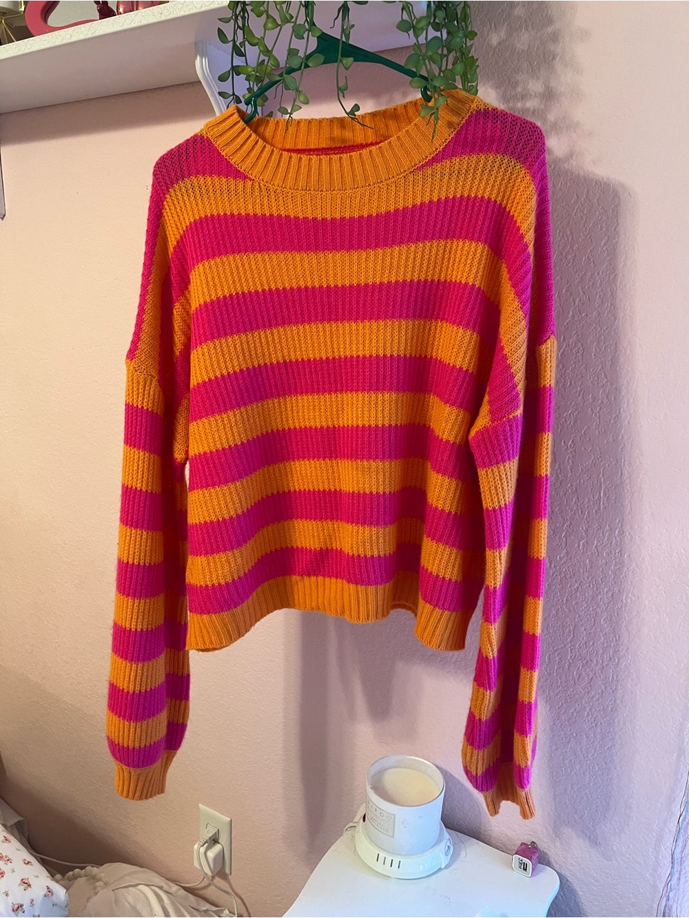 SHEIN Pink and Orange Striped Crewneck Sweater